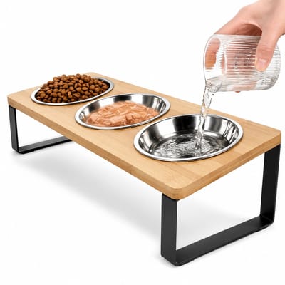 BOTC Voerbak voor Kleine Honden en Katten - met 3 RVS bakken - 43 x 16 x 11 cm - 15° gekantelde verhoogde Standaard - Houten