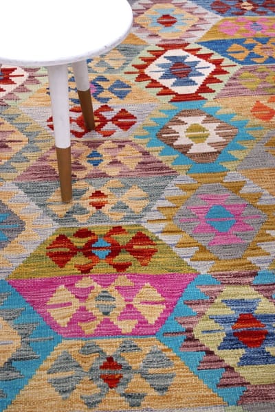 Kleurrijk Tapijt Laagpolig Handgeweven Wollen Vloerkleed - Koho Afghan Kelim 245x182 - 245x182cm- Modern - Woonkamer - Salon - Slaapkamer - Eetkamer