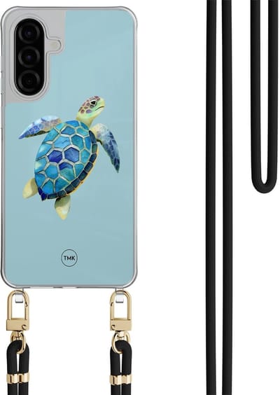 Telefoonhoesje met koord geschikt voor Samsung A26 - Schildpad - Inclusief Zwart koord - Transparant, Blauw - Print - Crossbody beschermhoes - Met Telefoonketting