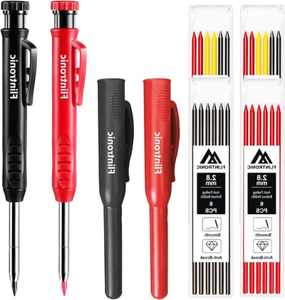 Diepe gaten marker potlood set met 8 potloden en 26 navullingen, ideaal voor timmerwerk en bouwprojecten, inclusief stevige opbergtas voor architecten en vakmensen.
