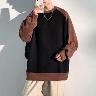 Heren Hoodie Nieuw Lente en Herfst Losse Casual Ronde Hals Kleurblok Shirt Heren Pullover Lange Mouw Basis Shirt 3XL brown
