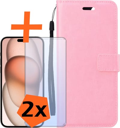 Hoes - Met 2x Screenprotector - Geschikt voor Apple iPhone 15 - Luxe Pasjeshouder - Bookcase Portemonee - Flip Case - Kunstleer Book Case - Flipcase Hoes - Book Cover - Walletcase - PortemonneeHoes - Lichtroze