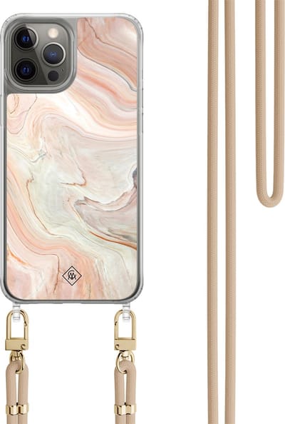 Casimoda® hoesje met beige koord - Geschikt voor iPhone 12 Pro - Marmer Waves - Afneembaar koord - TPU/polycarbonaat - Bruin/beige