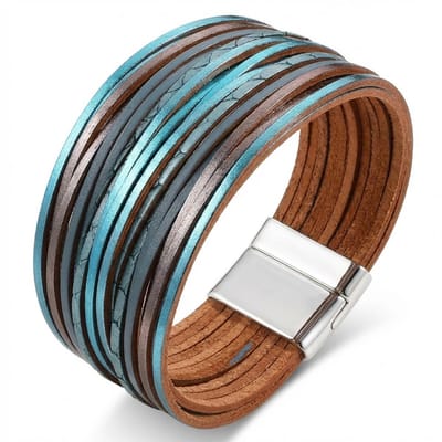 Turquoise bruin leren wikkel armband voor dames – brede armband met magnetische sluiting – meerlaagse armband met metallic glans