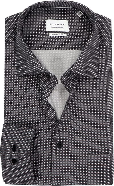 ETERNA modern fit overhemd - twill - zwart met grijs en wit dessin - Strijkvrij - Boordmaat: 38 (EU maat: S)