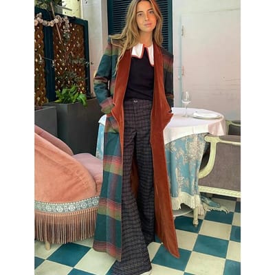 Mode Kleurrijke Ruitprint Wollen Overjassen voor Dames Patchwork Reverskraag Slim Fit Lange Jassen High Streetwear M oranje