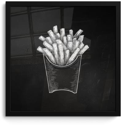 Poster in lijst - Fotolijst 40x40 cm - Posters - Friet - Witte krijttekening - Zwart - Posterlijst zwart - Decoratie - Wanddecoratie woonkamer - Muurdecoratie slaapkamer