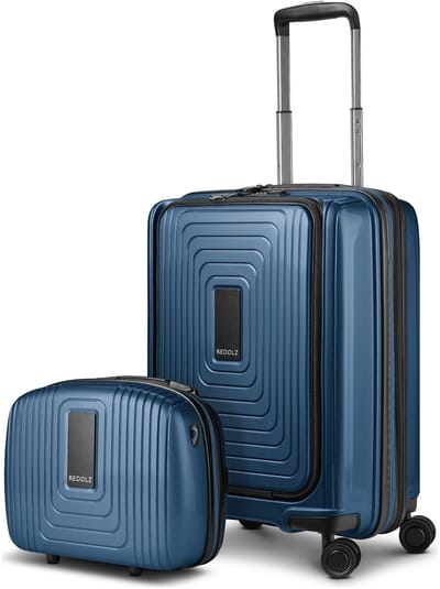 Redolz Essentials 14 kofferset 2 stuks cabine trolley met stretch vouw + beautycase - Harde bagage - TSA slot - dark blue metallic
