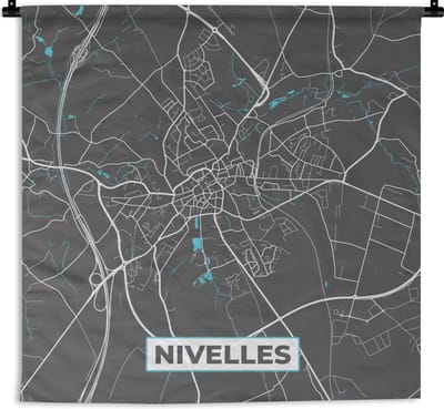 Wandkleed - Wanddoek - Stadskaart – Grijs - Kaart – Nivelles – België – Plattegrond - 180x180 cm - Wandtapijt