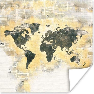 Poster 30x30 cm - Wereldkaart - Kleuren - Waterverf - Posters - Kamer decoratie - Wanddecoratie woonkamer - Muurdecoratie slaapkamer