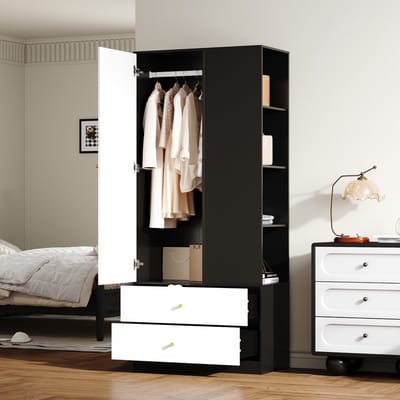Kledingkast - B80xD40xH180 - Met Spiegel 1 Deur 2 Laden 4 Planken - Modern Garderobe - Hout - Wit/Zwart