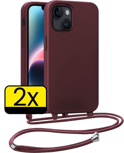 Hoesje Geschikt voor iPhone 13 Mini Hoesje Met Koord Siliconen Case - Hoes Geschikt voor iPhone 13 Mini Backcover Met Afneembaar Koord - Aubergine - 2 Stuks