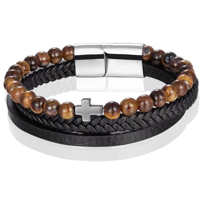 Heren armband Memphis Tijgeroog kraal gevlochten leer Kruis Zilverkleurig Bruin Zwart - 20cm