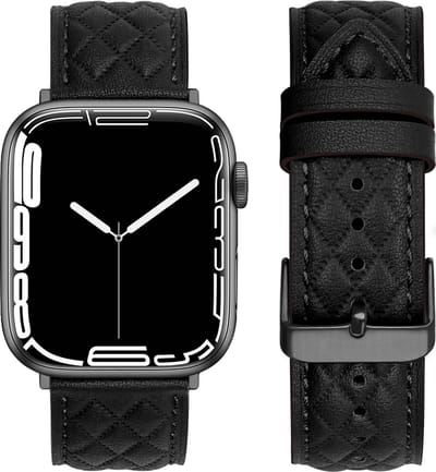 By Qubix - Geschikt voor Apple Watch bandje - Leren bandje met diamant patroon - Zwart - Geschikt voor Apple Watch 44mm / 45mm / 46mm / 49mm (Ultra 1,2 en 3) - leren smartwatchbandje - Horlogebandje