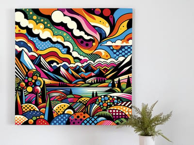 Pop art landschap schilderij | Surrealistisch landschap van kleurrijke pop art verbeeldingsexpressie in kunstwerk | Kunst - 30x30 centimeter op Dibond | Foto op Dibond