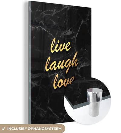 MuchoWow® Glasschilderij 40x60 cm - Schilderij acrylglas - Quote - Live - Love - Goud - Marmer - Foto op glas - Schilderijen