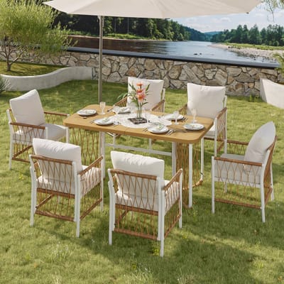 Zubaliya Outdoor Set - 7-delig Wit/Hout - IJzeren Frame - Gevlochten Armleuningen - Incl. Kussens