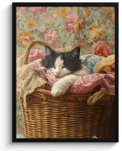 Poster in lijst - Fotolijst 50x70 cm - Posters - Kat - Bloemenprint - Rieten mand - Posterlijst zwart - Decoratie - Wanddecoratie woonkamer - Muurdecoratie slaapkamer