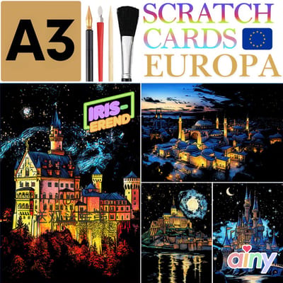 Ainy - Iriserend Scratch Art Europa 2 (A3) | 4 krastekening incl. incl gereedschappen | Kras tekeningen | Schilderen op kleuren kunst kraskaart | hobby & creatief voor volwassenen en kinderen | Knutselen - ontspanningspakket