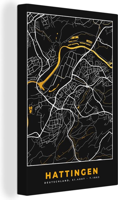 Canvas Schilderij Kaart – Plattegrond – Stadskaart – Hattingen – Duitsland – Goud - 20x30 cm - Wanddecoratie