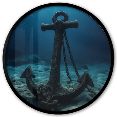 Poster in lijst Rond - Fotolijst 40x40 cm - Posters - Anker - Ijzer - Zeebodem - Zand - Ronde posterlijst zwart - Decoratie - Wanddecoratie woonkamer - Muurdecoratie slaapkamer