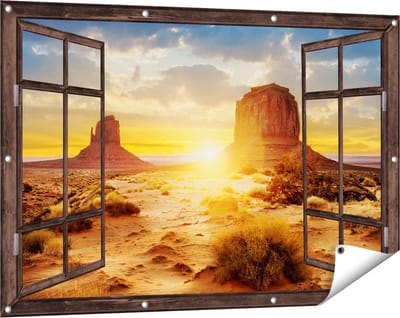Gards Tuinposter Doorkijk Zonsondergang in Woestijn Monument Valley - 120x80 cm - Tuindoek - Tuindecoratie - Wanddecoratie buiten - Tuinschilderij