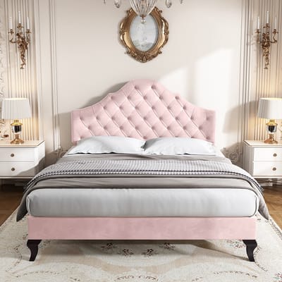 KOMHTOM Bed volwassenen Tweepersoonsbed 140x200 cm met lattenbodem met in hoogte verstelbaar hoofdbord roze fluweel