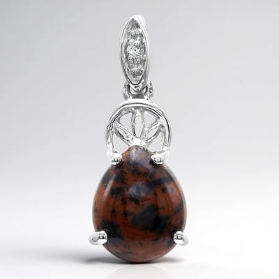 Cavill - Zilveren Hanger - 925 Sterling Zilver - 1,74 ct Mahonie Obsidiaan Peervormig Cabochon + Witte Topaas - Elegant Edelsteensieraad