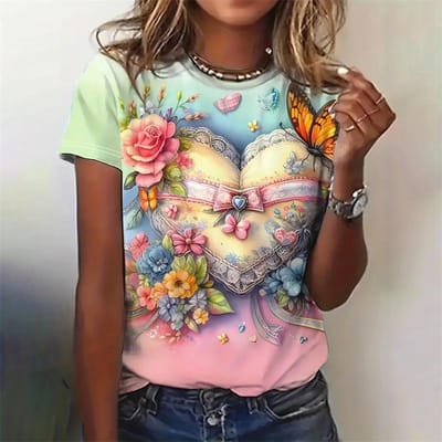 T-shirt à motif floral cœur d'amour pour femmes Papillon Croix Imprimé 3D Manches courtes Été Loisirs T-shirt Tops à col rond T-shirts 6XL gray
