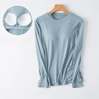 Nieuwe Dames Pyjamatopjes Lente en Herfst Ronde Hals Modal met Borstkussentjes Lange Mouwen T-shirts Basis Shirts Huis Kleding XXXL gray