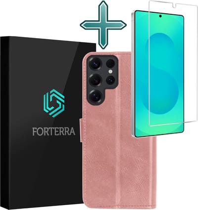 Hoesje Met Screenprotector - Geschikt voor Samsung Galaxy S25 Ultra - Luxe Pasjeshouder - Flipcase - Bookcase Portemonee - Flip Case - Kunstleer Book Case - Book Cover - Walletcase - Portemonneehoes - Rosé goud