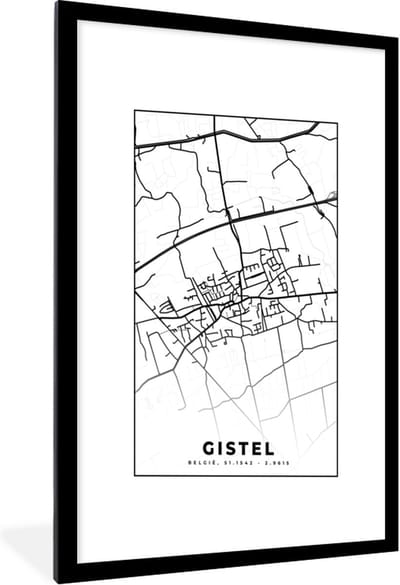 Fotolijst incl. Poster Zwart Wit- Plattegrond – Gistel – Zwart Wit – Stadskaart - België - Kaart - 60x90 cm - Posterlijst