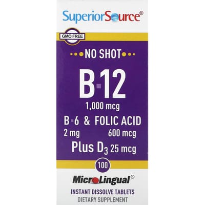 B-12, B-6 en Foliumzuur, D3 Plus, Direct Oplosbaar Microlinguaal 100 Tabletten