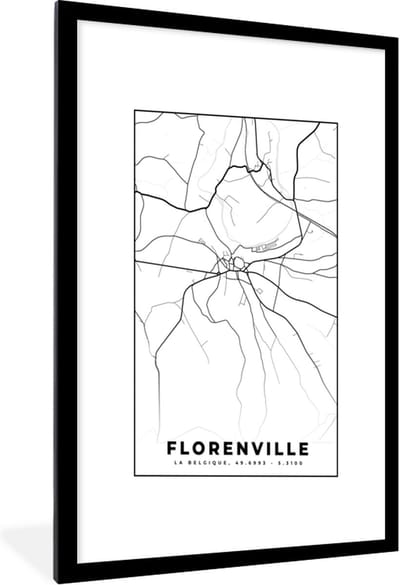 Fotolijst incl. Poster Zwart Wit- Stadskaart – Plattegrond – België – Zwart Wit – Florenville – Kaart - 60x90 cm - Posterlijst