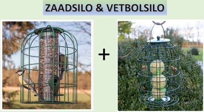 Bird-Feeder - Zaadsilo & Vetbolsilo - Met Beschermkooi voor Kleine Vogels- Groene Kleur - Met Ophanglus