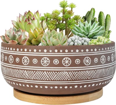 Terracotta vetplantenpot met bamboebak - bruine bonsai-pot - klei