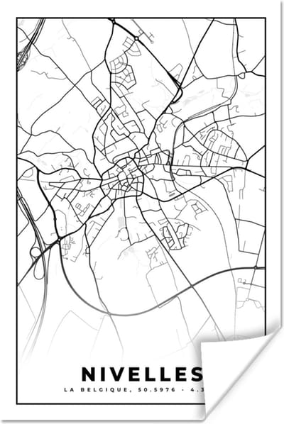 Poster België – Nivelles – Stadskaart – Kaart – Zwart Wit – Plattegrond - 120x180 cm XXL