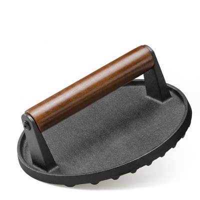 Famanu – Gietijzeren burgerpers 17,5 cm, met houten handvat en geribbelde onderzijde voor perfecte grillstrepen