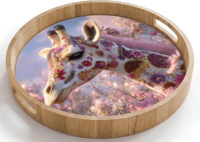 Dienblad rond 40x40 cm - Schootdienblad hout - Giraffe - Bloemen - Roze - Borrelplank rechthoek - Plateau houten dienbladen