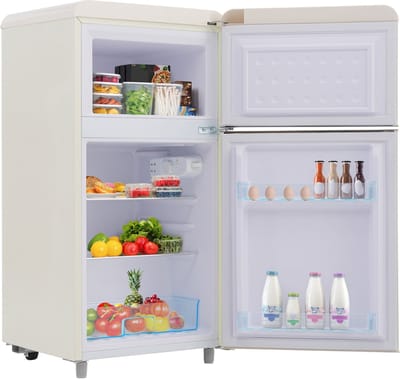 Retro Koelkast - Mini Koelvriescombinatie - Dubbeldeurs Koelkast - Vrijstaand – 72L – Klasse E – Stil 39dB - LED - Slaapkamer - 91cm - Vriesvak - Wit