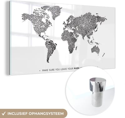 ® Glasschilderij 80x40 cm - Schilderij acrylglas - Wereldkaart - Quote - Zwart - Wit - Foto op glas - Muurdecoratie woonkamer - Wanddecoratie slaapkamer - Schilderijen