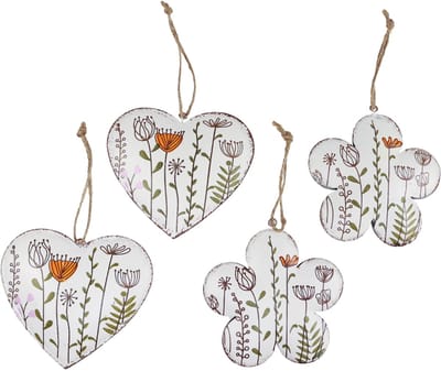 Hangdecoratie metalen decoratie harten en bloemen wit 10cm 4 st, 4 Stü
