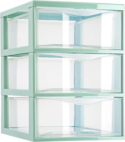 Plasticforte Ladeblokje/bureau organizer met 3x lades - transparant/mintgroen - L18 x B25 x H25 cm