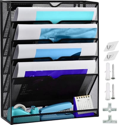 Stunq® Metalen net tijdschriftenhouder muur, 6 compartimenten A4 tijdschriften wandhouder metaal, kantoor metalen rooster ophangorganizer, gaas brochurehouder documentenbak, krantenhouder voor school thuis