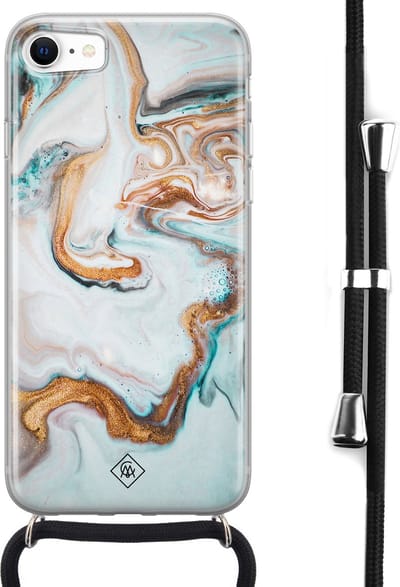 Casimoda® hoesje met koord - Geschikt voor iPhone 8 - Marmer Blauw Goud - Afneembaar koord - Siliconen/TPU - Blauw