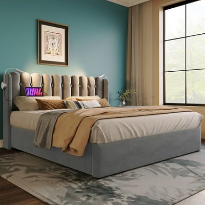 VVBV Opbergbed Gestoffeerd 140x200 cm - Opbergruimte, Lattenbodem, Hoofdbord, Leeslamp - Fluweel Grijs - Zonder Matras