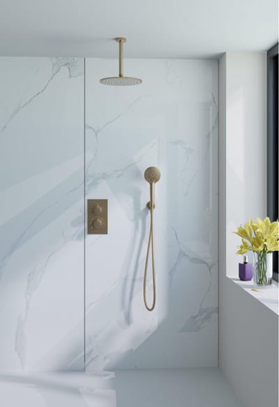 FugaFlow Eccelente Acces Inbouw Regendoucheset - thermostatisch - plafondarm - 25cm hoofddouche - ronde handdouche - gladde doucheslang - Geborsteld Messing PVD (Goud)