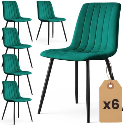 Set van 6 Eetkamerstoelen LIVO / Gestoffeerde Stoelen / Fluwelen Stoelen en Metalen Poten / Flesgroen met zwarte benen