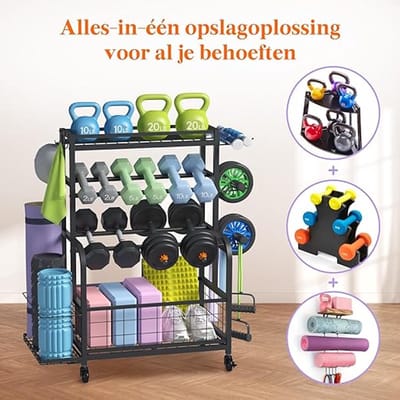 Gewichtenrek voor Thuisgym – Verstelbaar Halterrek met 2 Niveaus, Kettlebellrek, Yogamat Houder & Opbergruimte – Home Gym Opslag met Wielen – Alles-in-één Fitness Opbergsysteem voor Garage & Sportkamer