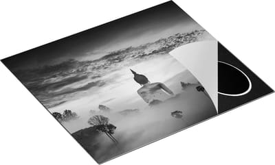 Chefcare Inductie Beschermer Boeddha Beeld in de Mist - Zwart Wit - 60x50 cm - Afdekplaat Inductie - Kookplaat Beschermer - Inductie Mat